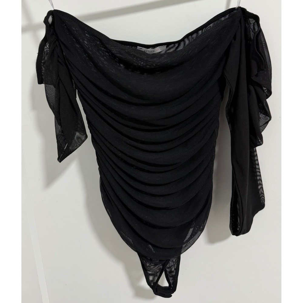 BETTER BE‎ Black Mesh Ruched Off Shoulder Long Sleeve Bodysuit Size S Chico